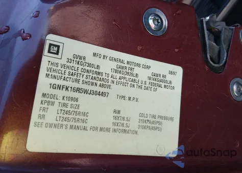 1998 Chevrolet Suburban 1500 from USA, damaged, VIN 1GNFK16R5WJ304497